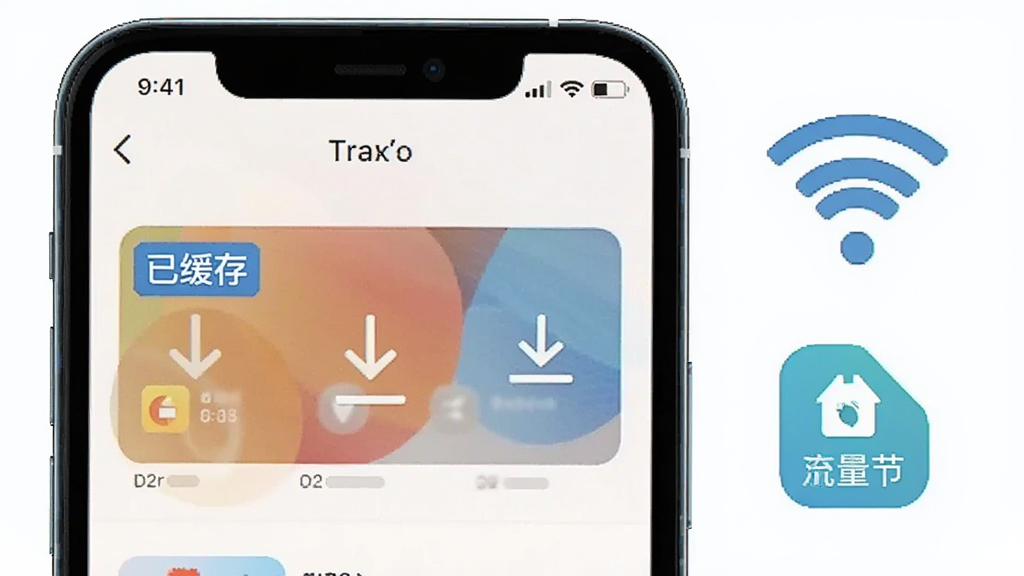 一张表现手机离线缓存功能的示意图,画面中一部手机屏幕显示多彩碌曲的缓存管理页面,带有“已缓存”标签和下载箭头图标,旁边有WiFi信号图标和流量节省标识,风格简洁科技感,画质干净清晰