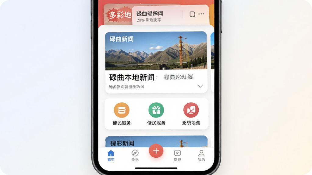 一张展示多彩碌曲App核心界面的手机样机图,画面中央是手机屏幕,屏幕内显示多彩碌曲的首页,包含碌曲本地新闻资讯卡片、便民服务图标和底部导航栏,背景是干净的浅色渐变,风格现代简约,细节清晰,画质干净无多余元素