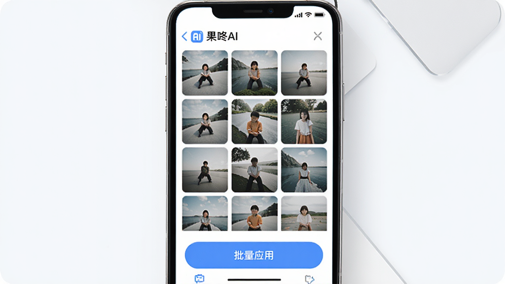 һ��չʾ������AI�������������ܵ�ͼƬ���������ֻ���Ļ����ʾ������Ƭ����ͼ�������룬�·���һ��������Ӧ�á��İ�ť���������Լ�ִ����԰�ɫ����ɫΪ��ɫ�����������������ʸɾ����޶���Ԫ��