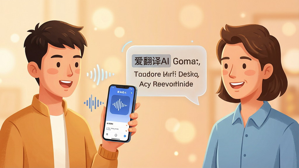 һ��չʾ��������AI���������빦�ܵ�ͼƬ������������������վ��һ�������Ƽ��еĶԻ������У������һλ�й��û������ֻ�˵���ģ��ֻ���Ļ����ʾ��������AI��������������棬����ͼ�������������ұ���һλ����û�΢Ц�����������м�������һ����͸���ķ������ݣ���������ʾ��Ӣ˫��������֣�����Ϊ���ҶԳƹ�ͼ�����Ϊ��ů�廭���ϸ�������������Ȼ��������������͵�ģ����ߣ�����ɾ���ܰ�����ʸ��壬�޶���Ԫ��
