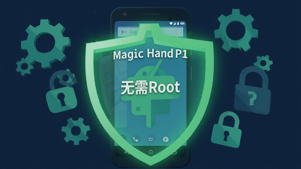 һ�ű�ƽ�����Ĳ廭��������һ����׿�ֻ���һ���������ɫ���ܰ�Χ��������д�š�Magic Hand P1�����ֻ���Ļ����ʾ�š�����Root���ı�ʶ����ΧƯ���ų��ֺ�����ͼ�꣬������ȫ��Ȩ�ޣ�����ɫ��Ϊ��������ɫ�����ʸɾ�����