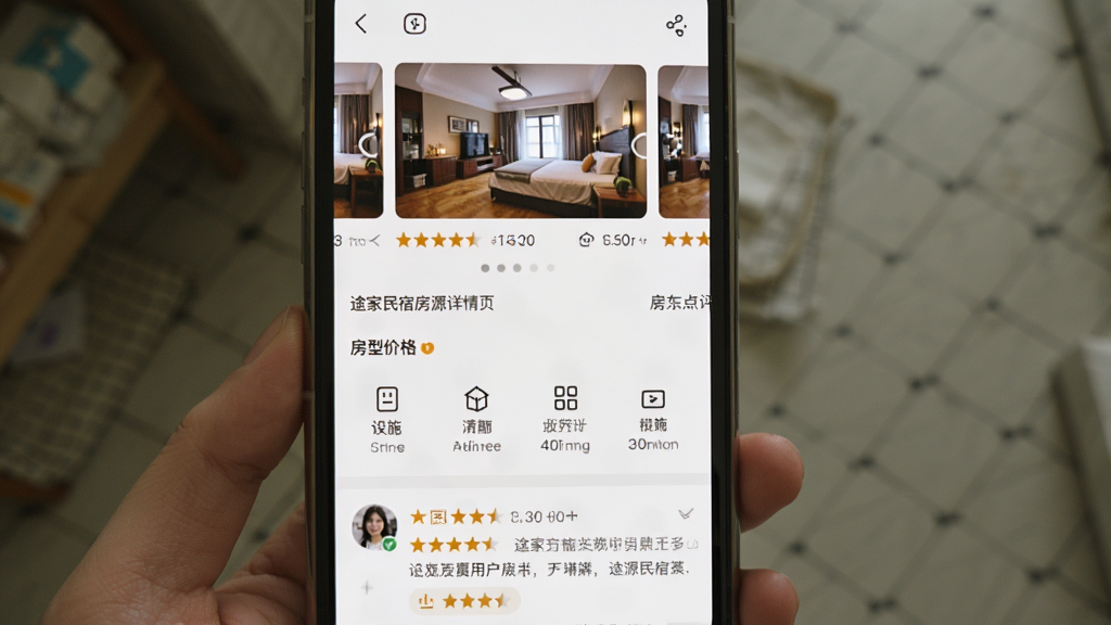 途家民宿房源详情页展示,主体是手机屏幕显示民宿实拍照片和评价列表,布局上方为图片轮播,中间是房型价格和设施图标,下方是用户点评,排版清晰,风格真实生活化,细节包含评分星星和房东头像,画质清晰干净无多余元素