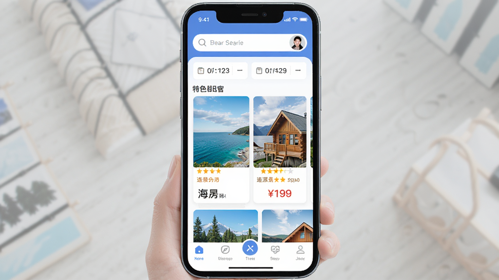 途家民宿APP首页展示,主体是手机屏幕界面,布局顶部搜索栏和日期选择,中间排列特色民宿卡片如海景房和木屋,底部导航栏清晰,排版简洁,风格现代清新,细节包含房源评分和价格标签,画质高清干净无多余元素