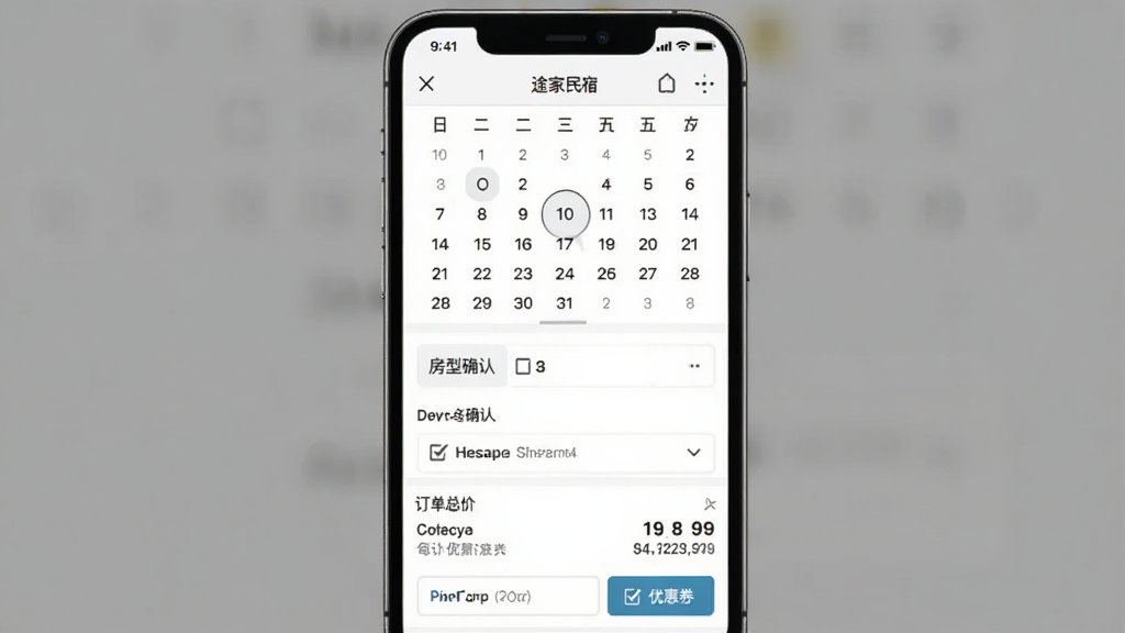 途家民宿APP预订流程截图,主体是手机屏幕显示选日期和填入住人信息的界面,布局从上到下依次是日历选择、房型确认、订单总价,排版清晰,风格简洁明了,细节包含优惠券勾选按钮,画质干净无多余元素