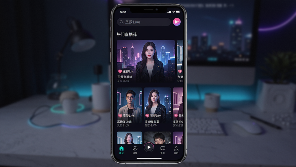 一张展示玉梦Live软件界面全貌的手机截图,主体是一部现代智能手机,屏幕上显示着玉梦Live的主页,布局包含顶部搜索栏、中间热门直播推荐位、底部导航栏,排版清晰简洁,风格是深色模式搭配霓虹光效,细节上能看到直播封面图清晰,画质干净无多余元素,整体呈现出一种沉浸式直播社区的氛围