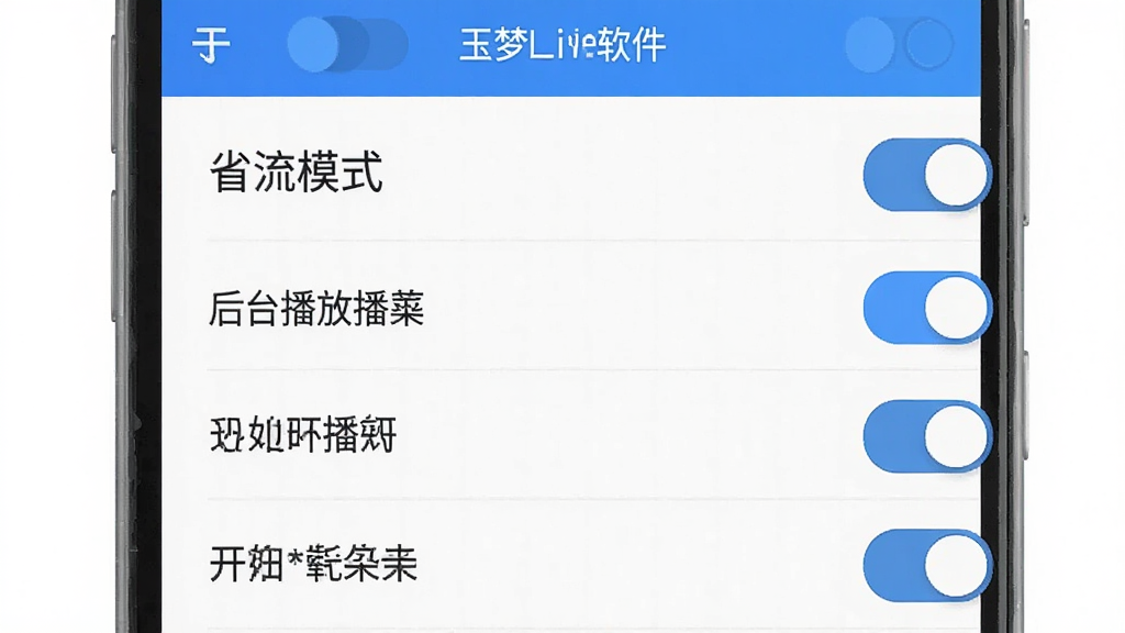 一张展示玉梦Live软件设置菜单的界面图,主体是手机屏幕上的功能开关列表,布局上包含省流模式开关、后台播放开关等选项,排版整齐划一,风格是扁平化设计,细节上能看到开关按钮带有蓝色高亮,文字标签清晰,画质干净无多余元素