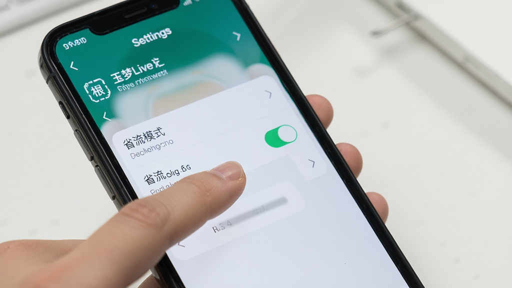 一张展示玉梦Live软件在手机端进行权限设置和清晰度切换的操作示意图,主体是一部手机和一只手正在点击屏幕,布局上手指指向设置菜单中的省流模式开关,排版直观,风格是写实风格,细节上能看到手机界面清晰,手指动作自然,画质干净无多余元素