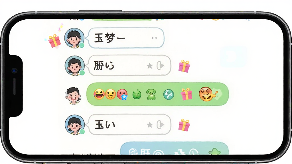一张展示玉梦Live软件聊天互动功能的界面图,主体是手机屏幕上的聊天室面板,布局上聊天消息气泡清晰,有彩色表情和礼物图标点缀,排版紧凑合理,风格是活泼的卡通风格,细节上能看到用户头像和昵称清晰可见,画质明亮干净,无多余元素