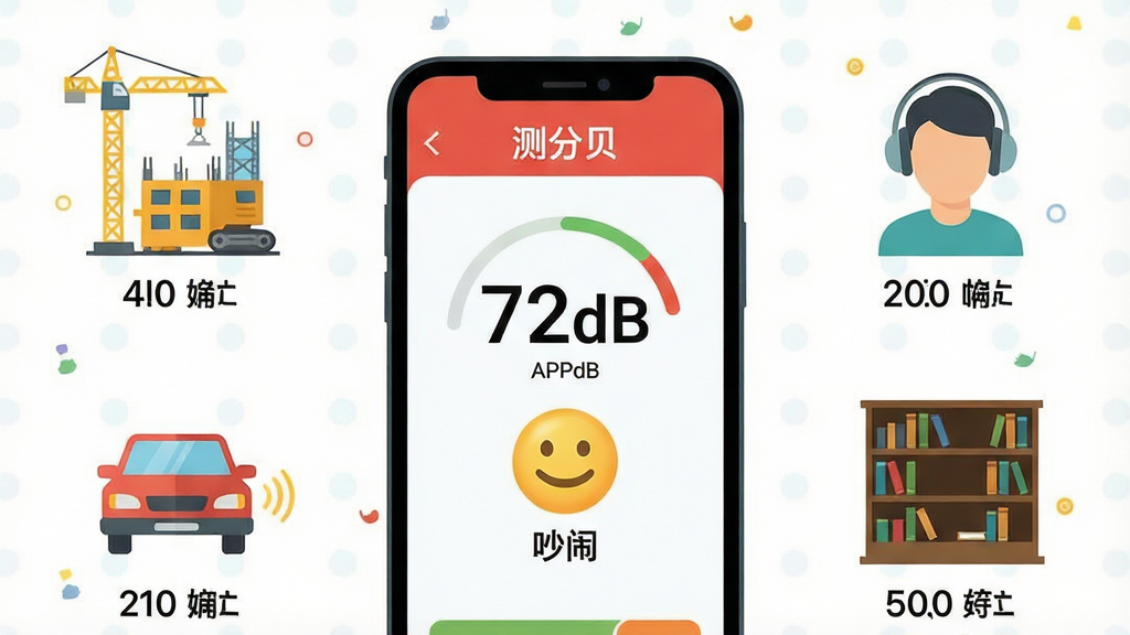һ����Ϣͼ���Ĳ廭������������һ�������ֻ����ֻ���Ļ����ʾ�š���ֱ���APP�Ľ��棬��������һ���ֱ���ֵ��72dB����һ��������ű�ʾ�����֡����ֻ���Χ�����ż�����ͬ������Сͼ�꣬����һ������ʩ���Ĺ��ء�һ�����ѵ�������һ�����Ŷ������ˣ��Լ�һ��������ͼ��ݣ�ÿ��ͼ���Ա߶��ж�Ӧ�ķֱ���Χ��ע���������ƽ����ɫ���������������������ʸɾ����޶���Ԫ��