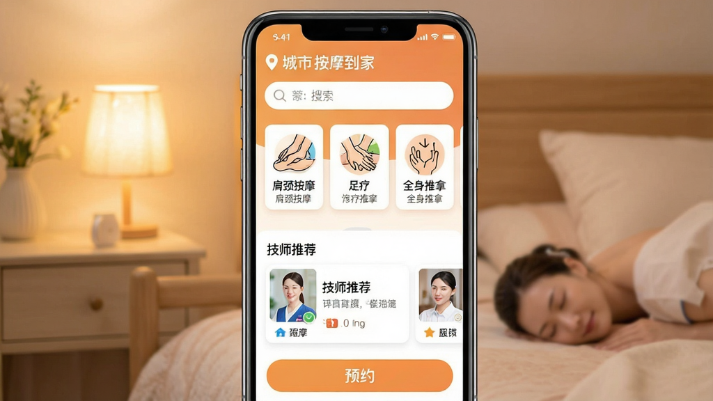 һ���ֻ���Ļչʾ����Ħ���ҡ�APP��ҳ���棬���岼��������������ʾ��λ���к����������м��Ǽ羱��Ħ�����ơ�ȫ�����õȷ������ͼ�꣬�·��Ǽ�ʦ�Ƽ���Ƭ��ԤԼ��ť������Ϊůɫ����ܰ��񣬻���ɾ����࣬�޶���Ԫ�أ�������������