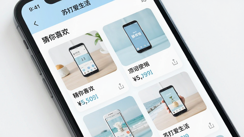手机屏幕展示“苏打爱生活”的个性化推荐页面,界面中显示多张商品推荐卡片,每张卡片带有商品图片、名称和价格,顶部有“猜你喜欢”标题,布局采用双列瀑布流,风格简洁清新,配色以白色和浅蓝色为主,画质干净无多余元素