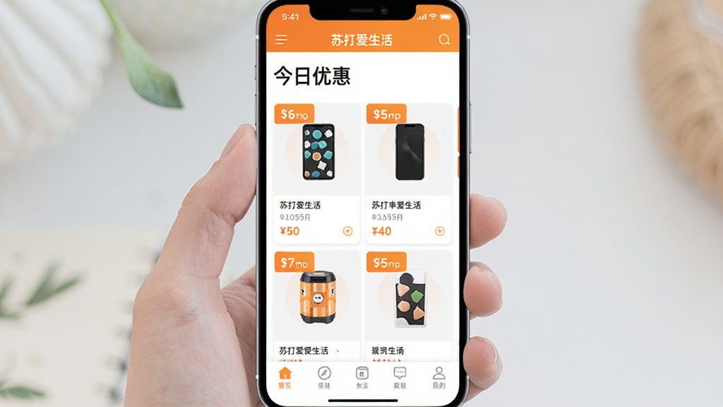 手机应用界面展示“苏打爱生活”的优惠聚合页面,屏幕上方显示“今日优惠”标题,中间排列多张商品卡片,每张卡片标注折扣标签和价格,底部有导航栏,整体风格清爽明亮,配色以白色和橙色点缀为主,画质干净无多余元素