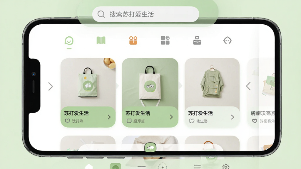 手机屏幕中央展示“苏打爱生活”应用主界面,顶部是搜索栏和分类图标,中间是商品推荐卡片,下方是导航菜单,整体布局简洁清晰,风格现代扁平,配色以白色和浅绿色为主,细节圆润,画质干净无多余元素
