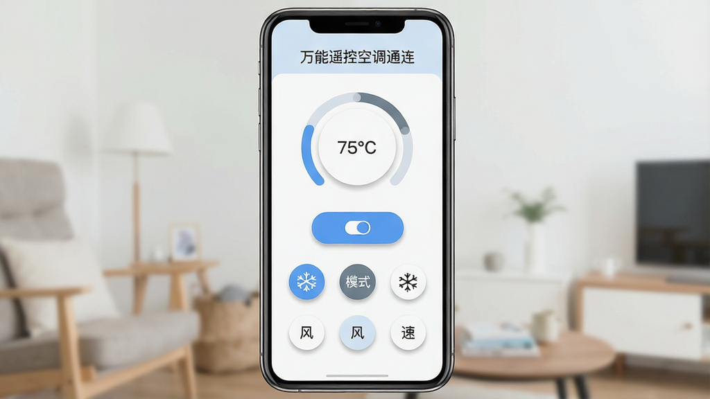 一张展示“万能遥控空调通连”应用界面的手机样机图,主体是一部竖屏手机,屏幕内显示空调遥控器界面,包含温度调节圆盘、开关按钮、模式切换图标和风速选项,布局简洁居中,排版清爽,风格为现代扁平化设计,细节上按钮带有轻微圆角与阴影,画质干净,无多余元素