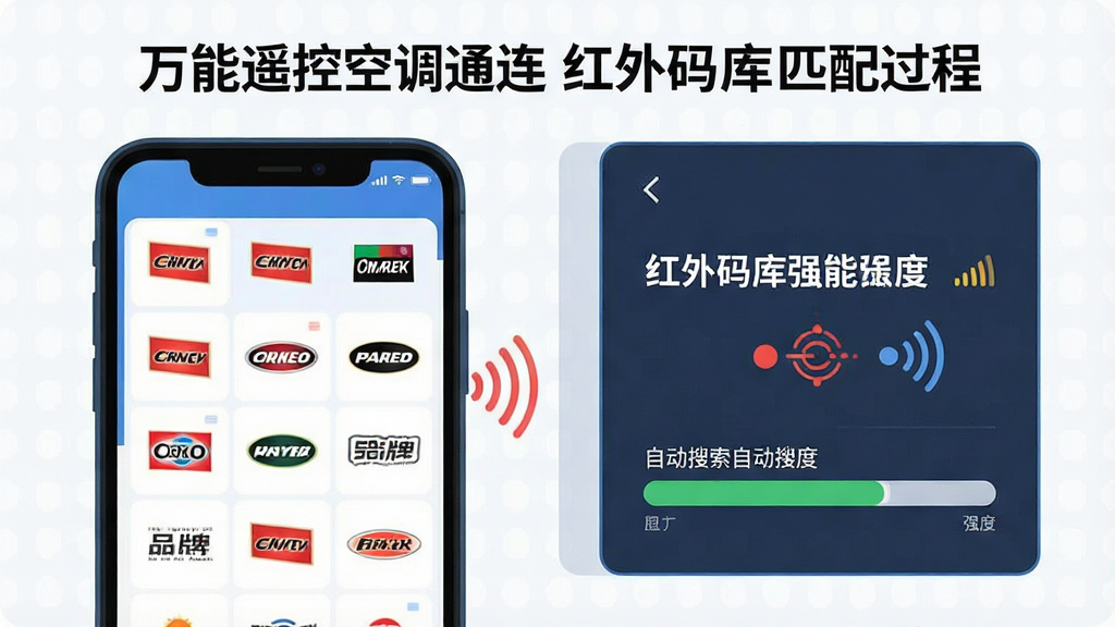 一张展示“万能遥控空调通连”红外码库匹配过程的示意图,主体是手机屏幕显示品牌列表与自动搜索进度条,布局采用左右分栏,左侧为品牌图标网格,右侧为搜索状态提示,排版整齐,风格为科技感扁平插画,细节上带有红外波纹图标和信号强度指示,画质干净,无多余元素