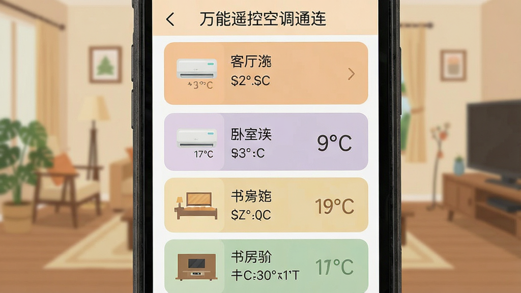一张展示“万能遥控空调通连”多设备分组管理界面的手机截图,主体是手机屏幕内显示客厅、卧室、书房三个分组卡片,布局为纵向排列,排版清晰,风格为居家温馨扁平风,细节上每个卡片带有空调图标与温度显示,画质干净,无多余元素