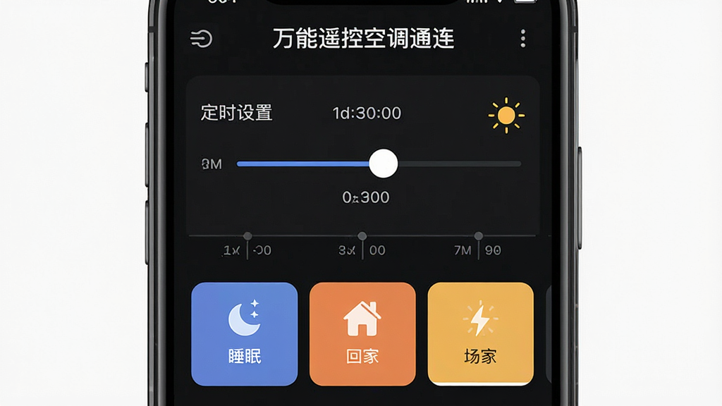 一张展示“万能遥控空调通连”定时与场景模式设置界面的手机样机图,主体是手机屏幕内显示时间轴与场景卡片,布局为上下结构,上方为定时设置滑块,下方为睡眠、回家等场景按钮,排版规整,风格为现代简约扁平风,细节上带有月亮与太阳图标,画质干净,无多余元素