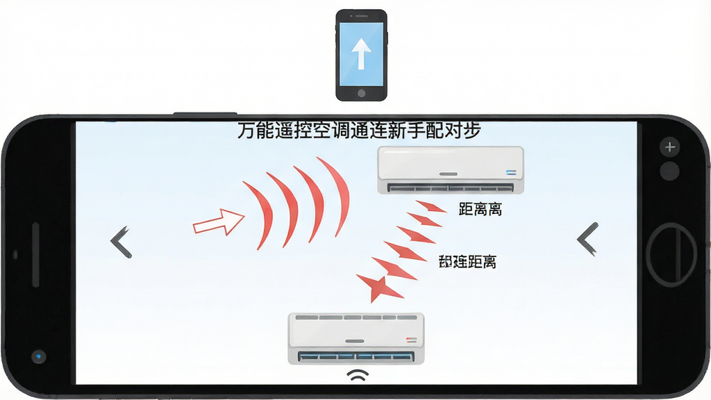 一张展示“万能遥控空调通连”新手配对操作步骤的示意图,主体是手机屏幕显示对准空调的指引动画,布局为居中构图,上方为手机图标,下方为空调图标,中间用红外波纹连接,排版直观,风格为扁平插画风,细节上带有方向箭头与距离提示,画质干净,无多余元素
