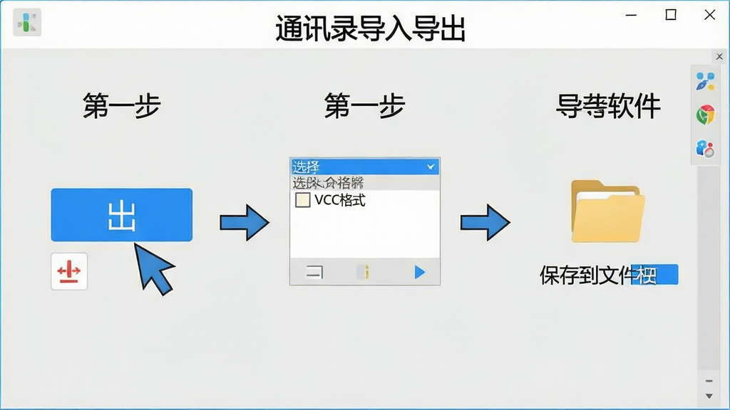 ͨѶ¼���뵼��������������ʾ��ͼ�������Ϊ�������裬��һ���ǵ��������ť���ڶ�����ѡ��VCF��ʽ���������Ǳ��浽�ļ��У�ÿһ�����м�ͷ���ӣ��������࣬����������������ǳ��ɫ���������ơ�ͨѶ¼���뵼���������ڶ��������ʸɾ��޶���Ԫ��