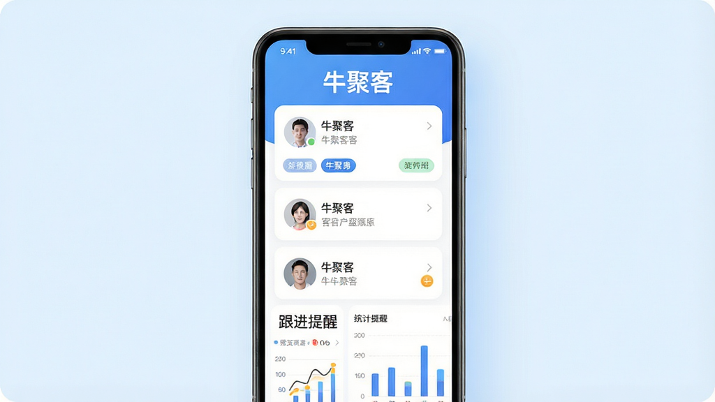 ţ�ۿ���������ȫòչʾͼ�������������ֻ���Ļ����Ļ��չʾţ�ۿ�APP�������棬���涥����ʾ��ţ�ۿ͡�����logo���м��������Ŀͻ��б���Ƭ����Ƭ����ͷ��ͱ�ǩ���ײ��Ǹ������Ѻ�ͳ��ͼ��������Ϊ�ɾ���ǳ��ɫ���䣬����ִ���ƽ����ϸ��Բ�󣬻��ʸɾ����޶���Ԫ��