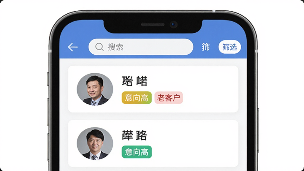 ţ�ۿͿͻ�������������չʾͼ������������һ���ֻ����ֻ���Ļ��ʾţ�ۿ�APP�Ŀͻ��б����棬ÿ���ͻ���Ƭ�����Բ��ͷ���Ҳ��������Ͳ�ɫ��ǩ�硰����ߡ����Ͽͻ������������������ɸѡ��ť�������������񣬱���Ϊ����ɫ�������������޶���Ԫ��