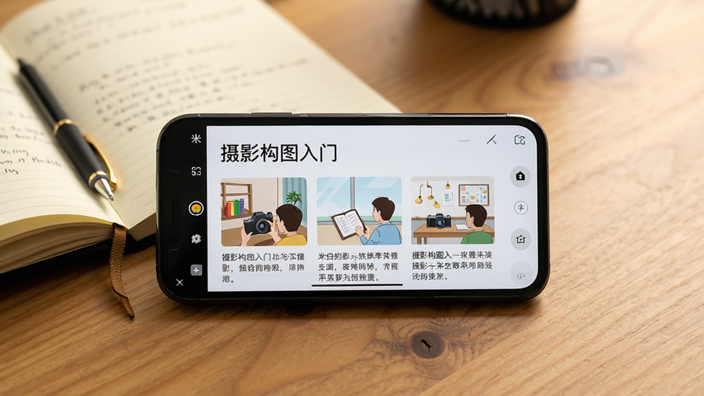 一张展示米拍摄影学习功能的图片,画面中一部手机横屏显示着米拍摄影的教程页面,标题写着摄影构图入门,页面内有图文并茂的教学内容,手机旁边放着一本翻开的笔记本和一支笔,背景是木质桌面,整体风格温馨学习氛围浓厚,画质清晰,无多余元素