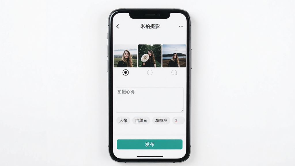 一张展示米拍摄影发布功能的图片,手机屏幕显示着米拍摄影的发布页面,页面中有已选好的三张摄影作品缩略图,下方有文字输入框写着拍摄心得,还有标签选择区域显示着人像、自然光等标签,屏幕下方有发布按钮,背景是纯白色,整体风格简洁清爽,画质干净,无多余元素