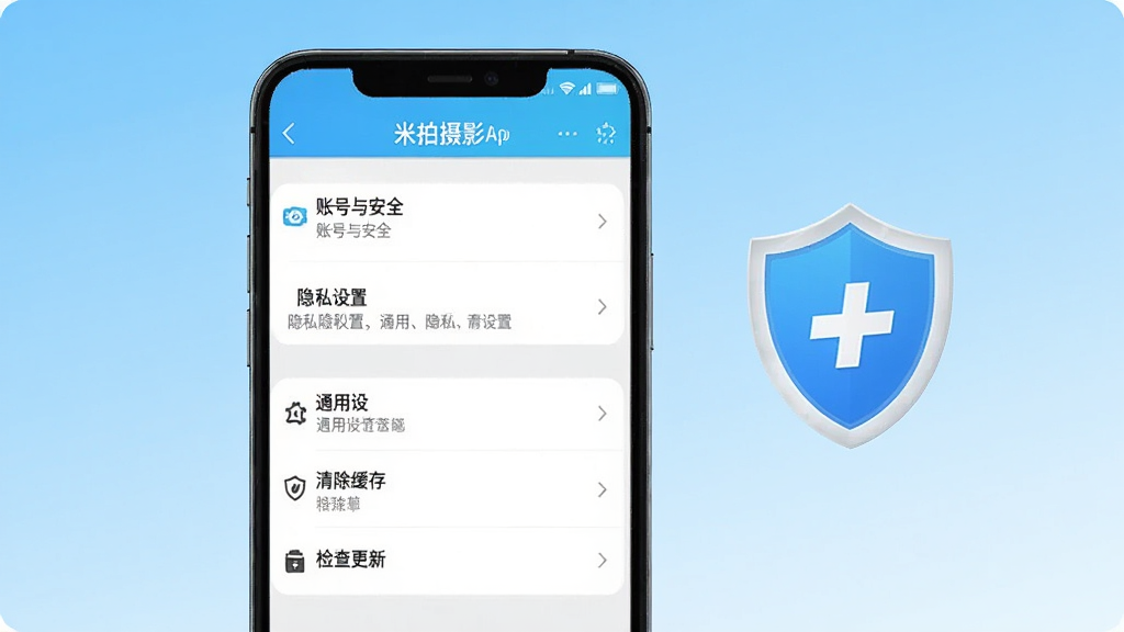 一张展示米拍摄影App设置页面的图片,手机屏幕显示着设置菜单,包括账号与安全、隐私设置、通用设置、清除缓存、检查更新等选项,屏幕旁边有一个盾牌图标代表安全防护,背景是浅蓝色渐变,整体风格简洁安全,画质清晰,无多余元素