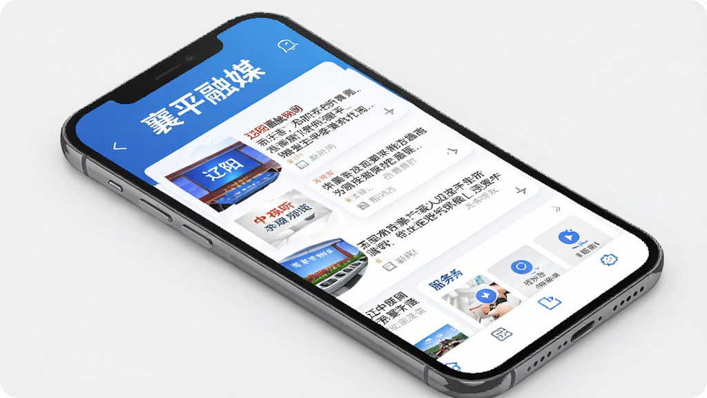 ��ƽ��ýApp������ȫòչʾ���ֻ���Ļ����ʾ��������������Ѷ���������С���ƽ��ý������Logo��ҳ��������š�����������Ȱ�飬������ɫ��ˬ��࣬�ִ���ƽ��UI��ƣ����������ɾ����޶���Ԫ��