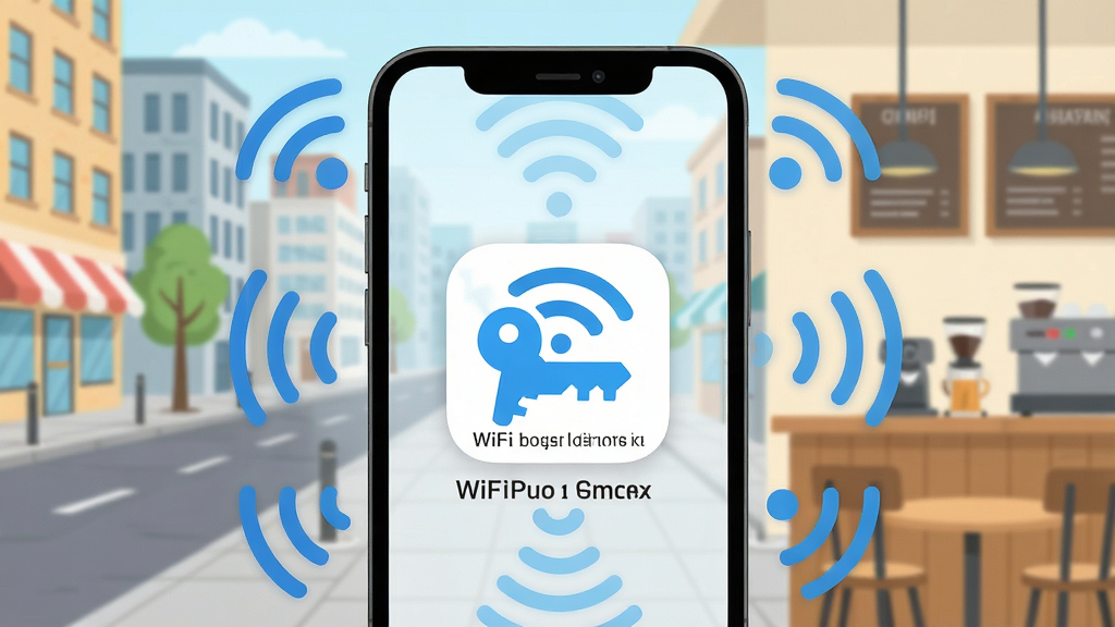 һ��չʾ�ֻ���Ļ��ͼƬ����Ļ������ʾ��WiFi����Կ�⡱Ӧ��ͼ�꣬ͼ��Ϊ��ɫԿ����WiFi�ź���ϣ������ǳ��н־��뿧������������Χ�ж��WiFi�źŲ��������ֻ��������������£���ƽ����Ʒ��ϸ�ڸɾ����޶���Ԫ�أ����廭��