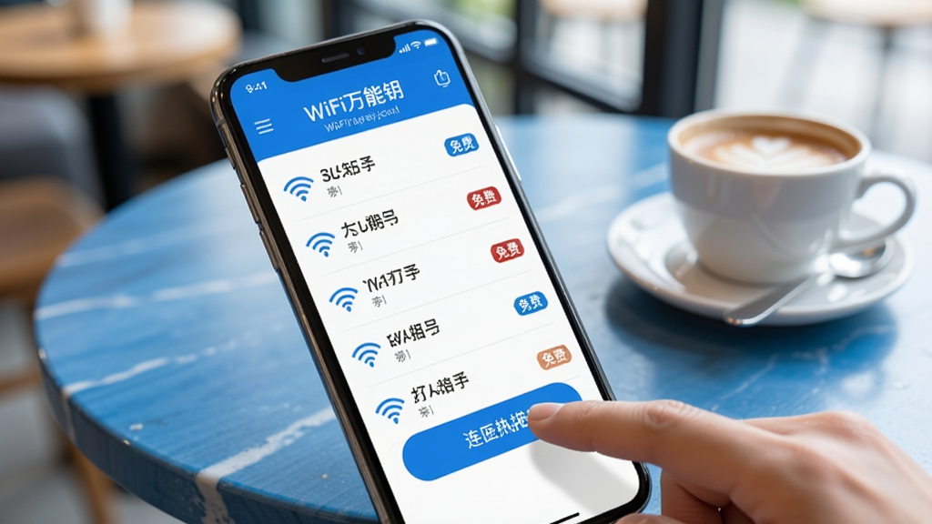 �ֻ�����չʾWiFi����Կ������ɨ����Χ�ȵ㣬�б���ʾ���WiFi���Ʋ����С���ѡ���ǩ����ָ������Ӱ�ť�������ǿ��������棬����Լ�ִ���ɫ��������Ϊ��������ɾ�����