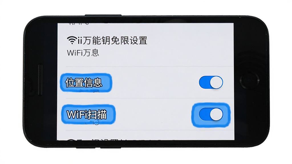 �ֻ���Ļ��ʾWiFi����Կ���Ȩ������ҳ�棬��ע����λ����Ϣ���͡�WiFiɨ�衱Ȩ�޿��أ������ǰ�׿ϵͳ���ý��棬�������ֱ�ۣ���ɫ������ע������ɾ�������Ԫ��