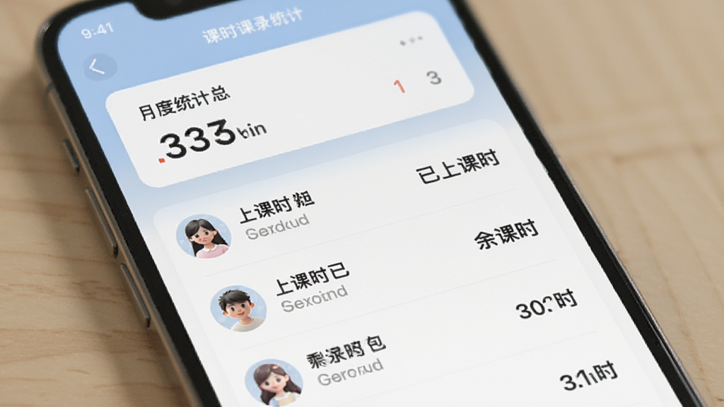 起课笔记课时记录与统计界面,手机屏幕显示学生的课时统计列表,每个学生名字后面跟着已上课时和剩余课时数字,顶部有月度统计汇总卡片,界面配色柔和,数据展示清晰,图标风格统一,画质干净,无多余元素