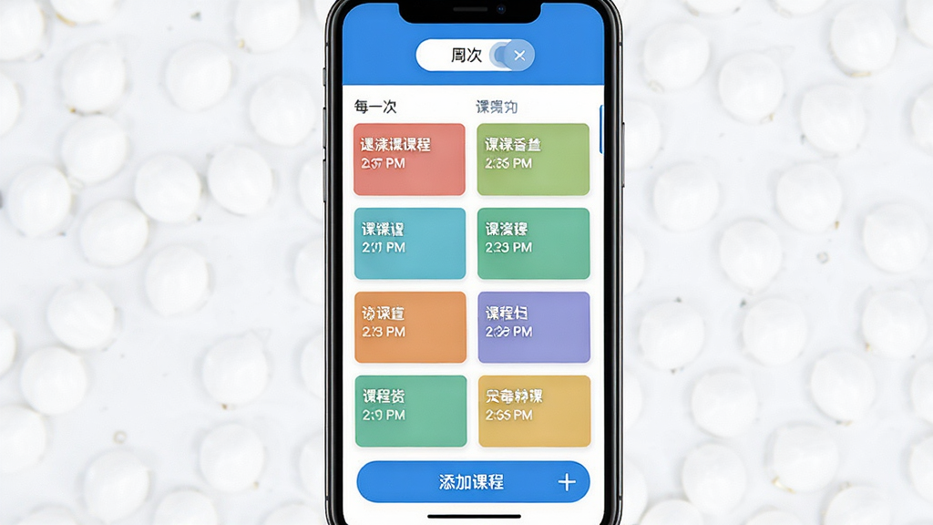 起课笔记课表管理功能展示,手机屏幕显示一周课程表视图,不同颜色的课程卡片整齐排列,每张卡片上有课程名称和时间标注,界面顶部有周次切换按钮,底部有添加课程的加号按钮,整体风格清新简洁,蓝白配色,画质干净,无多余元素