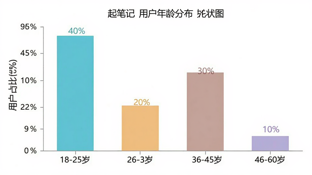起课笔记用户年龄分布柱状图,横轴为年龄段18-25岁、26-35岁、36-45岁、46-60岁,纵轴为用户占比百分比,柱状图显示26-35岁占比最高约40%,36-45岁占比约30%,18-25岁占比约20%,46-60岁占比约10%,图表配色清新,标注清晰,画质干净,无多余元素