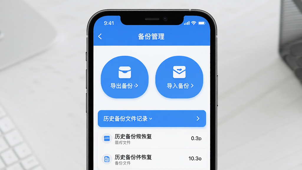 起课笔记数据备份与恢复功能界面,手机屏幕显示备份管理页面,有导出备份和导入备份两个大按钮,下方列出历史备份文件记录,界面设计简洁,按钮圆润,配色以蓝色和白色为主,画质干净,无多余元素