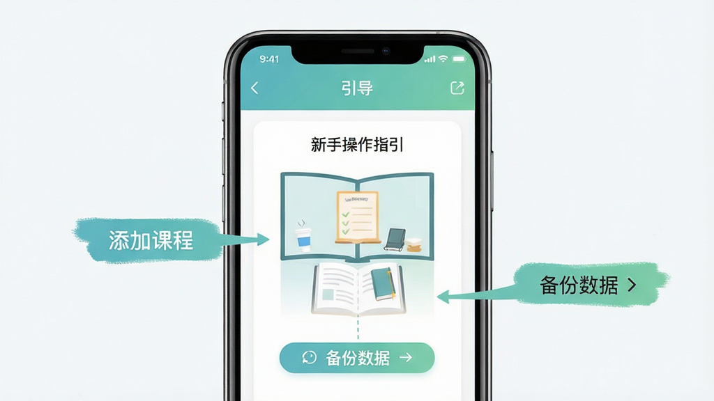 起课笔记新手操作指引示意图,手机屏幕显示软件的新手引导页面,有添加课程和备份数据的操作步骤标注,界面简洁明了,配色清新,画质干净,无多余元素