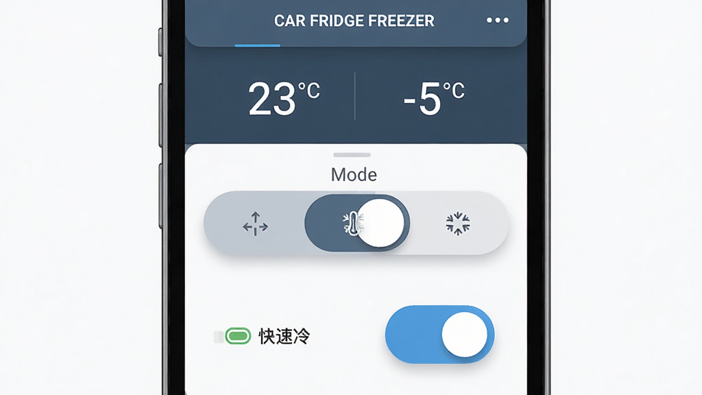 һ��չʾCAR FRIDGE FREEZER�ֻ�App�������ͼƬ���������ֻ���Ļ��ʾ���ر��������壬�����Ϸ��Ǳ��䵱ǰ�¶�23���϶Ⱥ�Ŀ���¶�-5���϶ȣ��м���ģʽ�л���ť���·��ǵ�����ʾ�Ϳ������俪�أ��Ű���ֱ�ۣ�����ִ���ƽ����ϸ���ϰ�ť������΢Բ����Ӱ�����ʸɾ��������޶���Ԫ�ء�