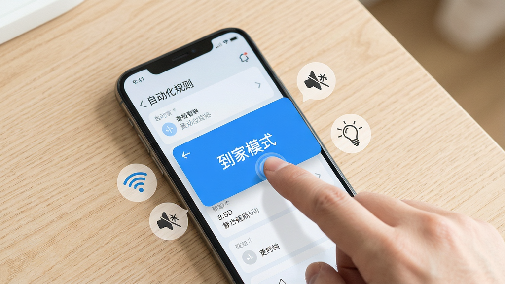 一张展示奇极智联智能场景自动化功能的图片,画面中一只手正在手机屏幕上拖拽一个写着“到家模式”的蓝色卡片,卡片周围有WiFi图标、静音图标和灯泡图标,背景是浅色木纹桌面,手机界面显示着自动化规则列表,风格清新简约,画质细腻,文字清晰可辨,整体干净无杂物