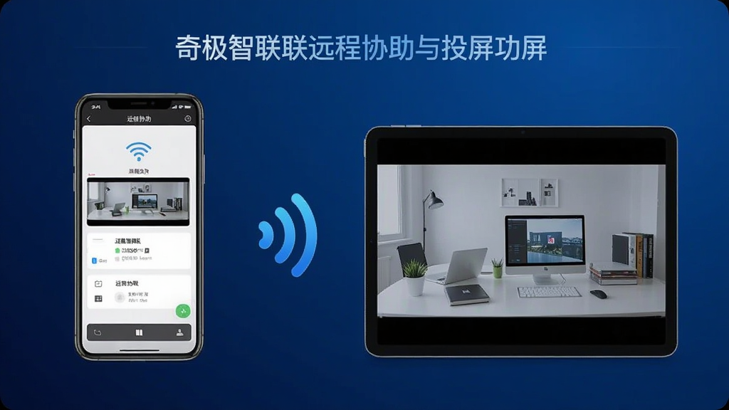 一张展示奇极智联远程协助与投屏功能的图片,画面左侧是一部手机屏幕显示着远程协助界面,右侧是一台平板电脑屏幕显示着投屏画面,中间有无线信号图标连接,背景是简洁的深蓝色渐变,风格科技感十足但不过度花哨,画质干净,文字标签清晰,没有多余装饰