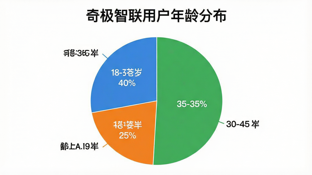 一张展示奇极智联用户年龄分布的饼状图,图表标题为“奇极智联用户年龄分布”,饼图分为三个扇区,18-30岁占40%用蓝色表示,30-45岁占35%用绿色表示,45岁以上占25%用橙色表示,背景为白色,图表风格简洁现代,文字清晰,无多余装饰