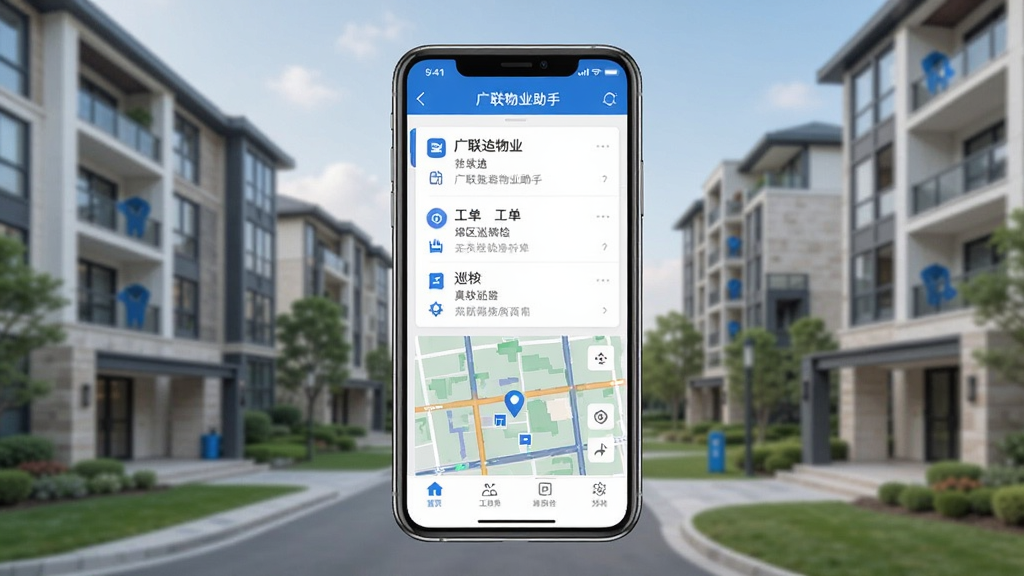 广联达物业助手 手机应用主界面 展示物业工作人员使用手机进行小区巡检打卡 背景是现代化住宅小区 主体突出手机屏幕上的工单列表和巡检地图 布局为手机竖屏居中展示 排版简洁 风格为现代扁平化科技风 细节包括清晰的图标和蓝色主色调 画质高清 干净 无多余元素