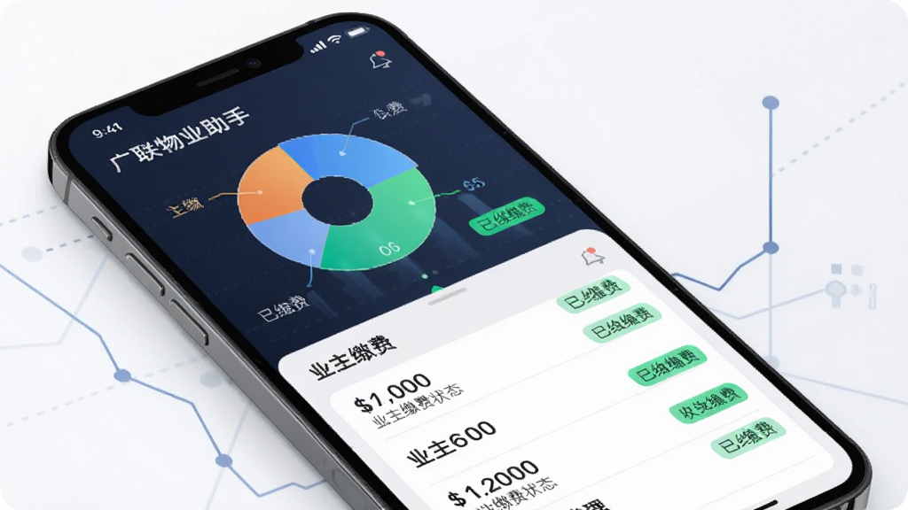 广联达物业助手 收费管理界面 展示手机屏幕上的月度账单统计图表和业主缴费状态列表 主体为手机屏幕 布局为上方饼状图下方列表 风格为金融科技风 细节包括清晰的金额数字和绿色已缴费标签 画质高清 干净 无多余元素
