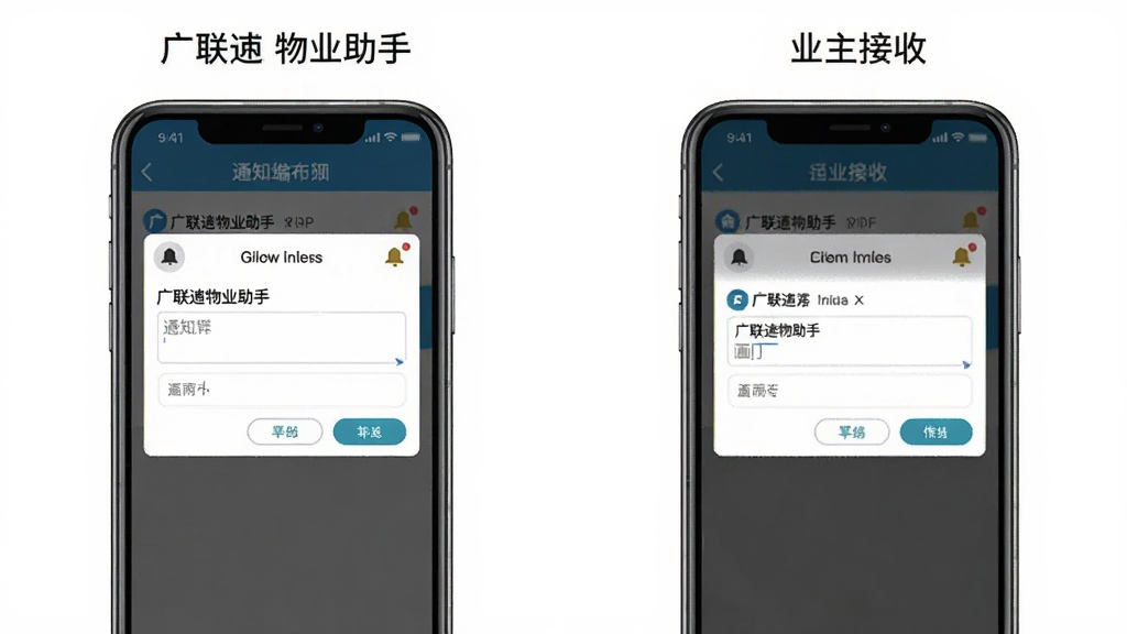 广联达物业助手 公告发布界面 展示手机屏幕上的通知编辑页面和业主端接收推送的模拟画面 主体为两部手机并排展示 布局为左侧编辑右侧接收 风格为生活服务类APP风格 细节包括清晰的文字输入框和铃铛通知图标 画质清晰 干净 无多余元素