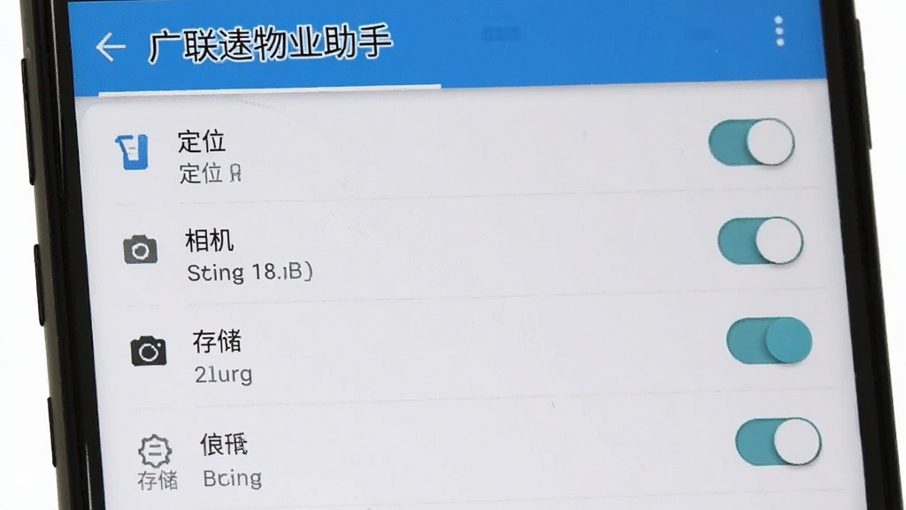广联达物业助手 安装权限设置界面 展示安卓手机设置中的权限管理页面 主体为手机屏幕特写 布局为权限列表 风格为系统设置界面风格 细节包括定位 相机 存储权限的开关按钮 画质清晰 干净 无多余元素