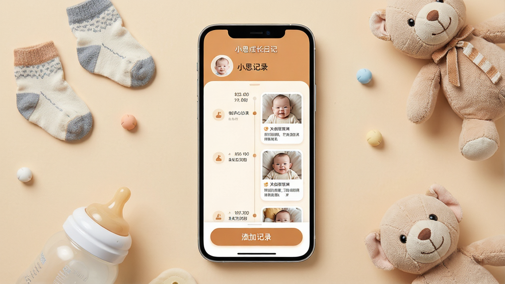一张温馨的手机应用界面展示图,画面中央是一部现代智能手机,手机屏幕上显示着“小思成长日记”的应用主界面,界面设计简洁温馨,以暖色调为主,顶部有宝宝头像和名字,中间是时间轴形式的成长记录卡片,每张卡片上有照片和文字描述,底部有添加记录的大按钮。手机周围散落着一些可爱的婴儿用品,如小袜子、奶瓶、毛绒玩具,背景是柔和的米色,整体风格温馨治愈,画质干净清晰,无多余元素。