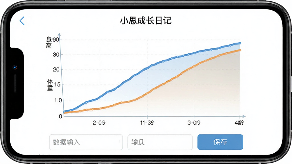 一张手机应用界面截图,展示“小思成长日记”的身高体重曲线功能,画面中是一部手机,屏幕上显示着两条不同颜色的曲线图,横轴是年龄,纵轴是身高和体重,曲线平滑上升,图表下方有数据输入框和保存按钮,界面配色为蓝色和白色,风格专业简洁,画质清晰,无多余元素。
