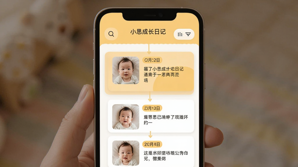一张手机应用界面截图,展示“小思成长日记”的时光轴功能,画面中是一部手机,屏幕上是垂直排列的成长记录卡片,每张卡片包含宝宝的可爱照片、日期标签和简短的文字描述,卡片按时间顺序排列,顶部有搜索和筛选按钮,界面配色为柔和的暖黄色和白色,风格简洁温馨,画质清晰,无多余元素。