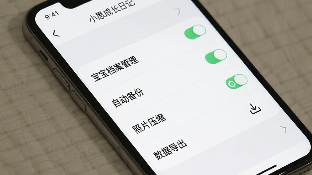 一张手机应用界面截图,展示“小思成长日记”的设置页面,画面中是一部手机,屏幕上显示着各种设置选项,包括“宝宝档案管理”、“自动备份”、“照片压缩”、“数据导出”等,选项旁边有开关按钮和箭头图标,界面配色为白色和浅灰色,风格简洁明了,画质清晰,无多余元素。