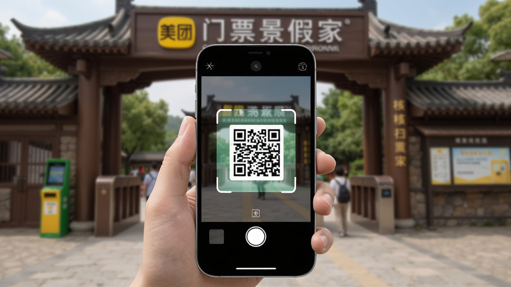 美团门票度假商家 核销扫码功能展示 主体为手机扫描二维码场景 布局为手机屏幕中央显示扫码框 背景为景区入口 排版简洁 风格写实 细节清晰 画质干净 无多余元素